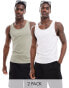 ASOS DESIGN 2 pack muscle fit vests in khaki and grey