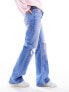 Stradivarius wide leg jean with rips in washed medium blue