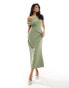 Фото #1 товара ASOS DESIGN fallen shoulder linen midi dress with pleat waist in khaki