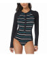 Фото #3 товара Women's Sculpt Long Sleeve Zip Front Laguna Stripe One Piece Swimsuit