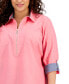 Plus Size Chambray 1/2-Zip Roll-Tab-Sleeve Cotton Popover Shirt