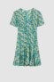 V Yaka Floral Kısa Kollu Mini Elbise Y8414az22hs