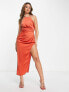 Фото #3 товара ASOS DESIGN satin halter ruched waist midi dress with high split in ginger