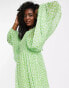 Фото #6 товара Miss Selfridge metallic chiffon shirred volume sleeve midaxi dress in green ditsy