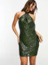 ASOS DESIGN embellished halterneck twist mini dress in allover sequin in khaki 32 - фото #7