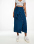 ASOS DESIGN button through midi skirt with tie waist in navy Синий, 32 - фото #4