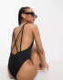 Фото #4 товара ASOS DESIGN Petite lattice strap swimsuit with high leg in black