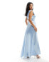 Фото #12 товара Vila Petite Bridesmaid satin v neck maxi dress with train in pastel blue