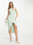 ASOS DESIGN plunge draped halter textured midi dress in sage green