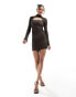 Фото #2 товара ASOS DESIGN grid mesh long sleeve mini dress with keyhole collar in black