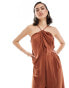 Фото #2 товара ASOS DESIGN satin halter neck trapeze jumpsuit with keyhole in brown