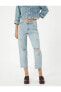 Фото #3 товара Çok Yıpratmalı Kısa Düz Kesik Paça Kot Pantolon Cepli - Eve Straight Jeans