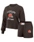 Фото #1 товара Women's Brown Distressed Cleveland Browns Waffle Knit Long Sleeve T-shirt and Shorts Lounge Set