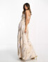 ASOS DESIGN bandeau ruched bodice maxi dress with seam detail in marble print