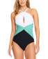 ფოტო #1 პროდუქტის Women's Colorblocked High-Neck Keyhole Twist-Detail One-Piece Swimsuit