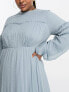 ASOS DESIGN Curve dobby chiffon pleat maxi dress with frill seam detail in pale blue