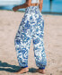 Фото #4 товара Women's Blue & White Floral Smocked Waist Tapered Leg Pants