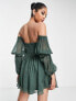 ASOS DESIGN corseted off the shoulder flippy dress with blouson sleeves in sage green