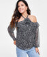 Фото #1 товара Women's Printed Rosette Cold-Shoulder Top, Created for Macy's