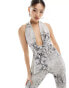 Murci sheer mesh deep plunge halterneck top co-ord in grey snake