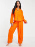 Фото #3 товара ASOS DESIGN Petite exclusive modal shirt & trouser pyjama set with contrast piping in orange