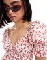 Фото #2 товара Wednesday's Girl tie front puff sleeve mini dress in white red floral