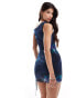 Фото #4 товара ASOS DESIGN fallen shoulder ruched side mini dress in abstract blue fish print