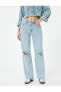 Фото #3 товара Düz Paça Yırtık Kot Pantolon Cepli - Eve Straight Jeans