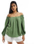 Фото #1 товара ASOS DESIGN linen look off shoulder pleated top in khaki