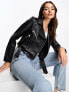 Stradivarius faux leather biker jacket in black