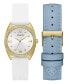 Фото #1 товара Часы и аксессуары Guess Женские набор наручных часов из белого силикона и синей натуральной кожи 34 мм.