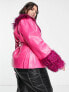 Daisy Street Plus pink y2k PU coat with faux fur cuffs and collar