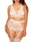 ფოტო #1 პროდუქტის Clair Plus Size Elegant Floral Lace Bralette, Garter, and Panty 3pc Lingerie Set