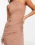 In The Style exclusive ruched one shoulder asymmetric drape midi dress in light brown