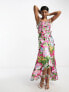 ASOS DESIGN satin ruched ruffle maxi dress with button detail in pink floral