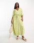 Фото #8 товара Monki tie waist maxi kaftan dress in lime zebra print