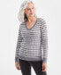 Фото #1 товара Women's Cotton Striped Cable-Knit V-Neck Sweater, Created for Macy's