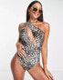 Фото #4 товара Free Society Tall one shoulder cut out swimsuit in animal print