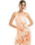 Фото #4 товара Vero Moda satin square neck slip midaxi dress in orange ombre floral