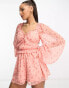 Miss Selfridge festival chiffon volume sleeve frill detail playsuit in pink ditsy