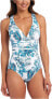 La Blanca Women's Aqua Floral Deep V Neck Strappy One Piece Swimsuit 12 307048