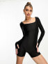 ASOS DESIGN glossy unitard playsuit with thumb holes in black