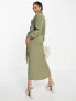 Фото #3 товара ASOS DESIGN collared midi dress ruched tie waist in khaki