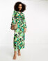 Фото #4 товара ASOS DESIGN tie front maxi shirt dress in large retro green floral print