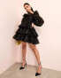 Фото #8 товара ASOS LUXE organza tiered polka dot mini dress with blousons sleeve and ruffle detail in black