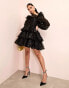 ASOS LUXE organza tiered polka dot mini dress with blousons sleeve and ruffle detail in black