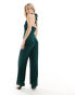 TFNC wrap front satin jumpsuit in dark green