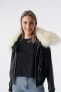 Women's Detachable Natural Shearling Collar Bomber Jacket, Natural Grain Black