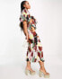 ASOS DESIGN plisse puff sleeve midi dress with wrap waist in abstract colourblock print