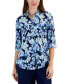 Фото #1 товара Petite 100% Linen Bloom Print Roll-Tab Button Front Top, Created for Macy's